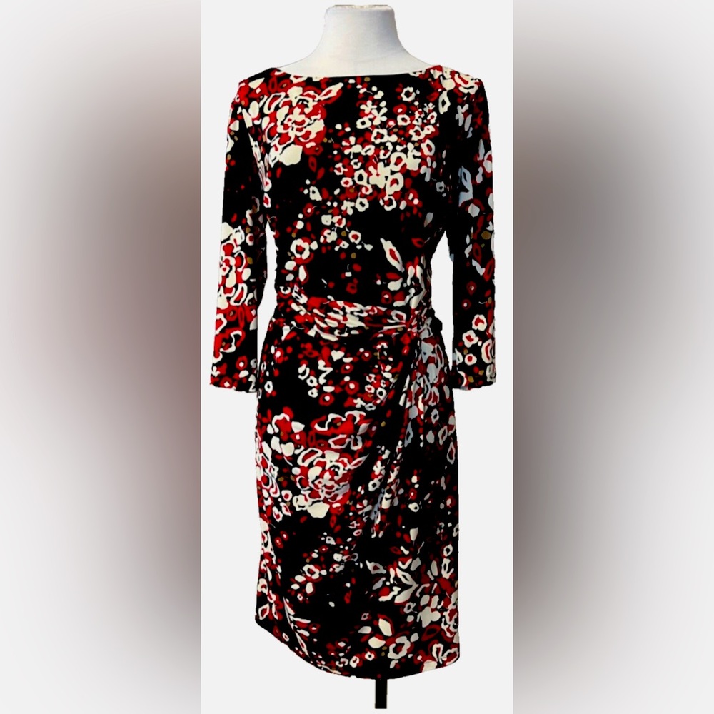 Jones Studio Red, White, and Black Floral Print Faux Wrap Dress - Size 10